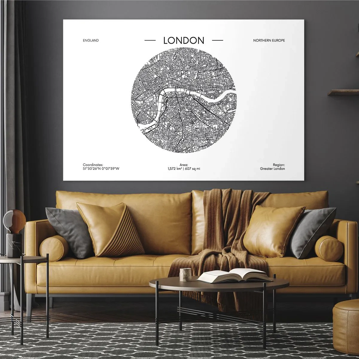Glasbild - Bild auf glas - Eine detaillierte Karte von London im grafischen Schwarz-Weiß-Stil. - 70x50cm - Anatomie von London - Moderne Wanddekoration für Wohnzimmer und Schlafzimmer ARTTOR