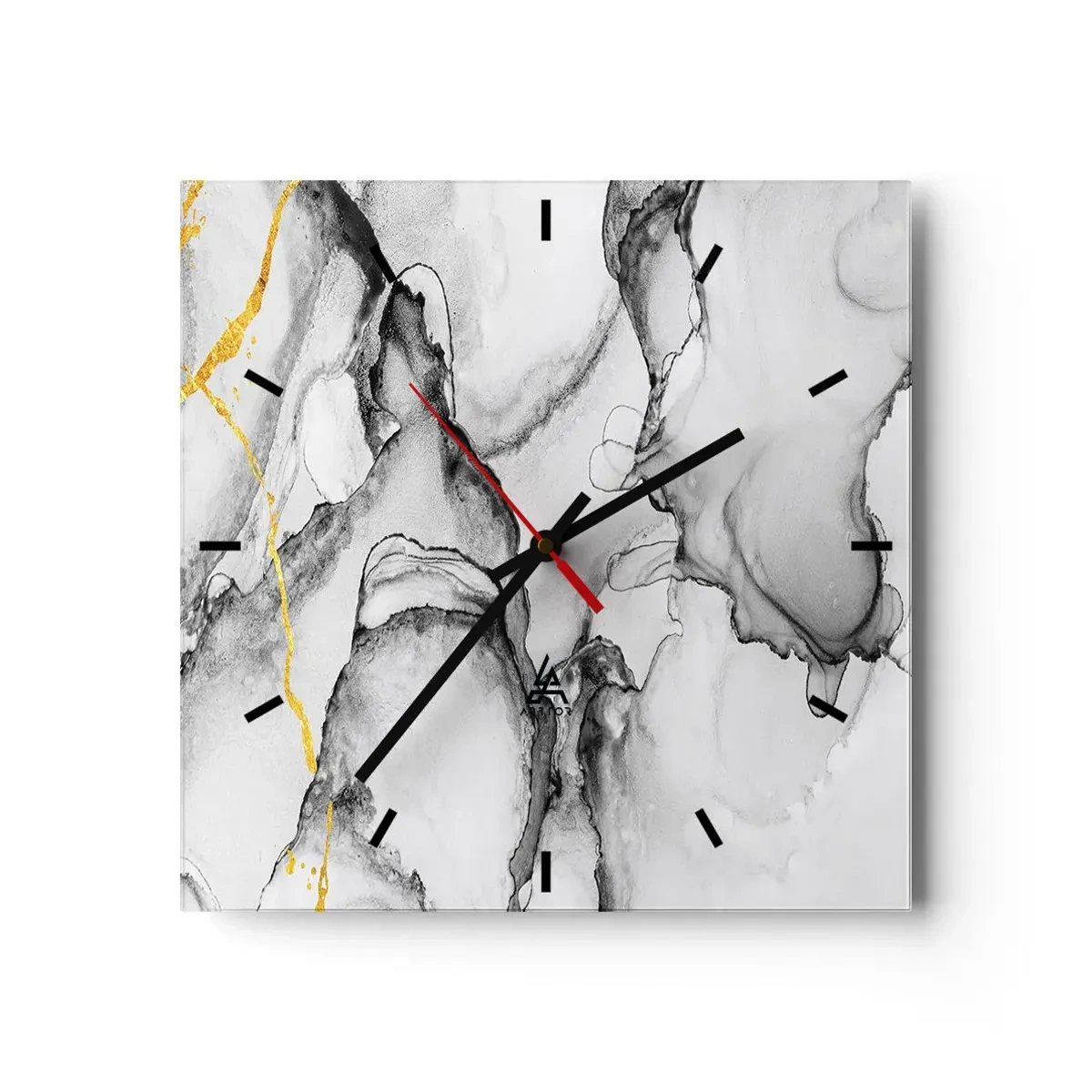 Wanduhr - Glasuhr - Abstrakte schwarz-weiße Muster mit goldenen Akzenten - 30x30cm - Komposition mit Goldmotiv - Moderne Wanddekoration für Wohnzimmer und Schlafzimmer ARTTOR