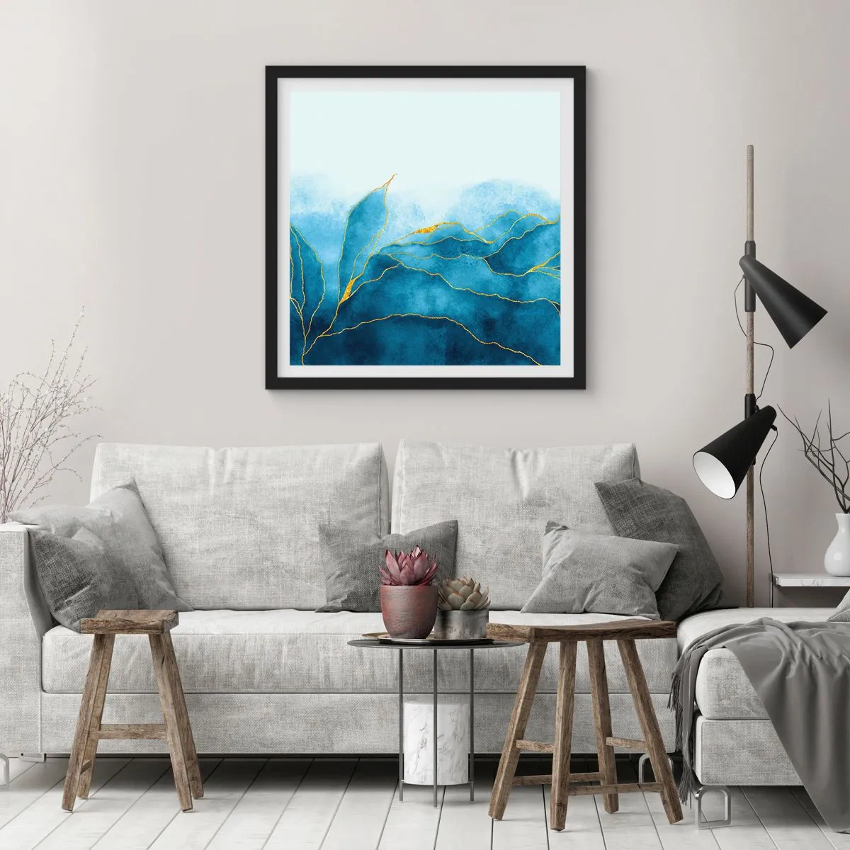 Poster in einem schwarzem Rahmen - Blau im Gold - 60x60 cm