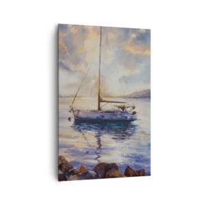 Bild auf Leinwand - Leinwandbild - Eine Yacht auf ruhigem Meer bei Sonnenuntergang - 80x120cm - Abend in der Bucht - Moderne Wanddekoration für Wohnzimmer und Schlafzimmer ARTTOR