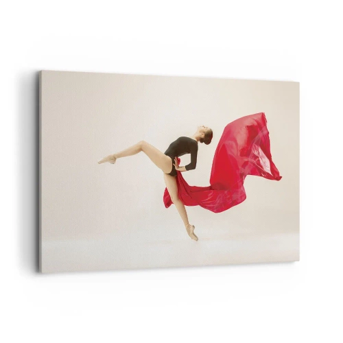 Bild auf Leinwand - Leinwandbild - Eine dynamische Tänzerin in schwarzem Outfit und rotem Stoff in Bewegung. - 100x70cm - Rot und Schwarz - Moderne Wanddekoration für Wohnzimmer und Schlafzimmer ARTTOR