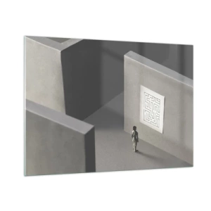 Glasbild - Bild auf glas - Kind in einem Labyrinth mit einem Rätselsymbol - 100x70cm - Aber wo bin ich? - Moderne Wanddekoration für Wohnzimmer und Schlafzimmer ARTTOR