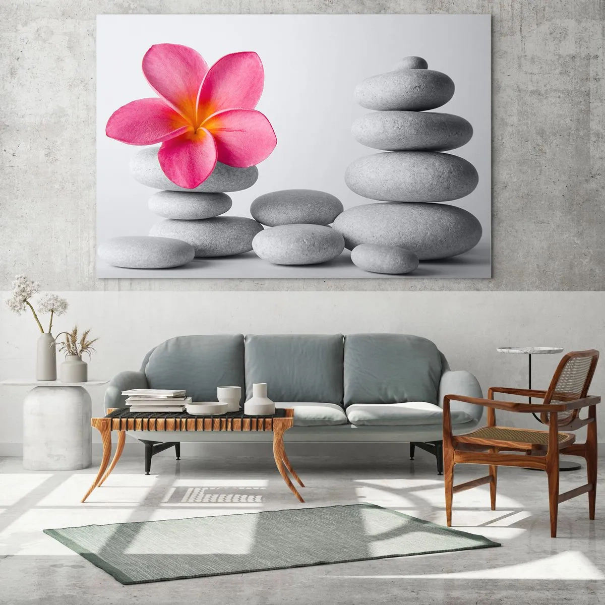 Glasbild - Bild auf glas - Eine rosa Blume vor einem Haufen weißer Steine - 120x80cm - Stein auf Stein und auf diesem Stein... - Moderne Wanddekoration für Wohnzimmer und Schlafzimmer ARTTOR