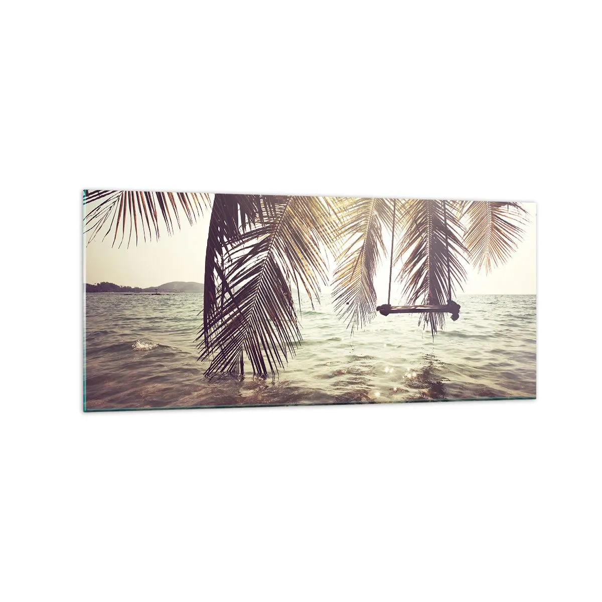 Glasbild - Bild auf glas - Palme mit Schaukel über dem Wasser im Sonnenlicht - 120x50cm - Sie können nach Belieben in den Wolken schwingen - Moderne Wanddekoration für Wohnzimmer und Schlafzimmer ARTTOR