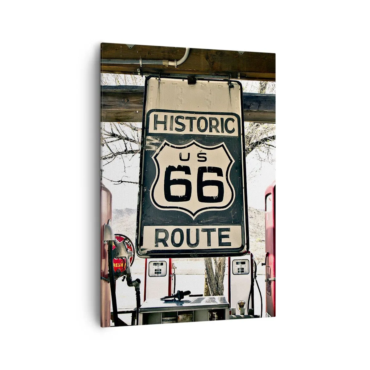 Bild auf Leinwand - Leinwandbild - Historische Tankstelle an der Route 66 - 70x100cm - Amerikanische Retro-Reise - Moderne Wanddekoration für Wohnzimmer und Schlafzimmer ARTTOR