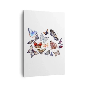 Bild auf Leinwand - Leinwandbild - Bunte Schmetterlinge auf weißem Hintergrund - 70x100cm - Spitzen, bunter Schwarm - Moderne Wanddekoration für Wohnzimmer und Schlafzimmer ARTTOR