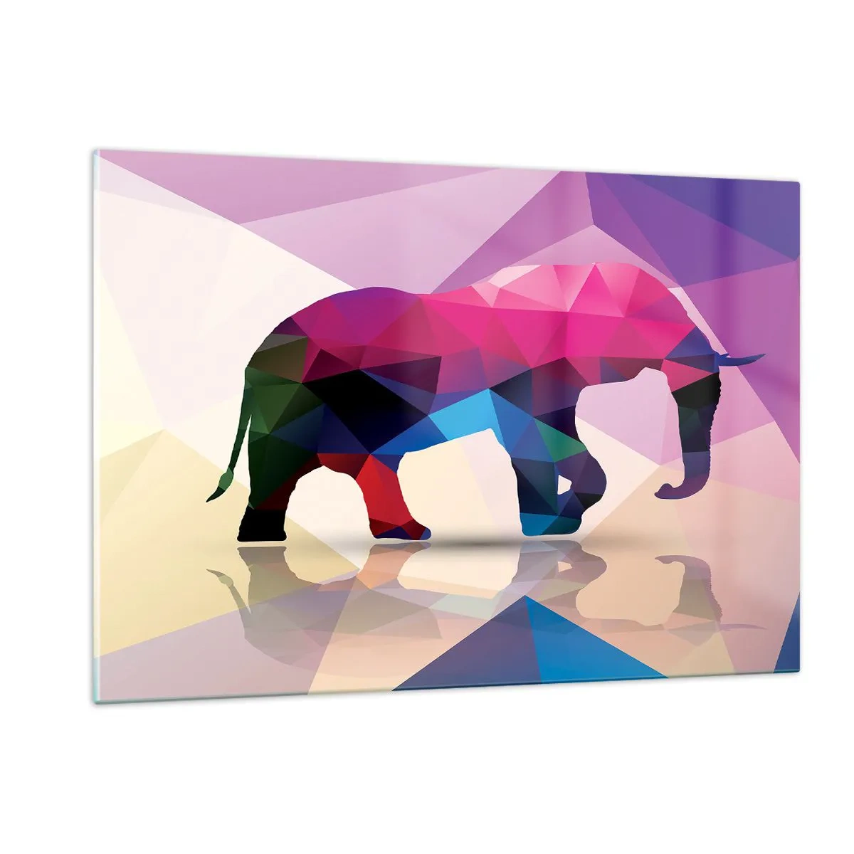 Glasbild - Bild auf glas - Geometrischer Elefant in lebendiger, farbenfroher Abstraktion - 120x80cm - Kristalldinosaurier - Moderne Wanddekoration für Wohnzimmer und Schlafzimmer ARTTOR