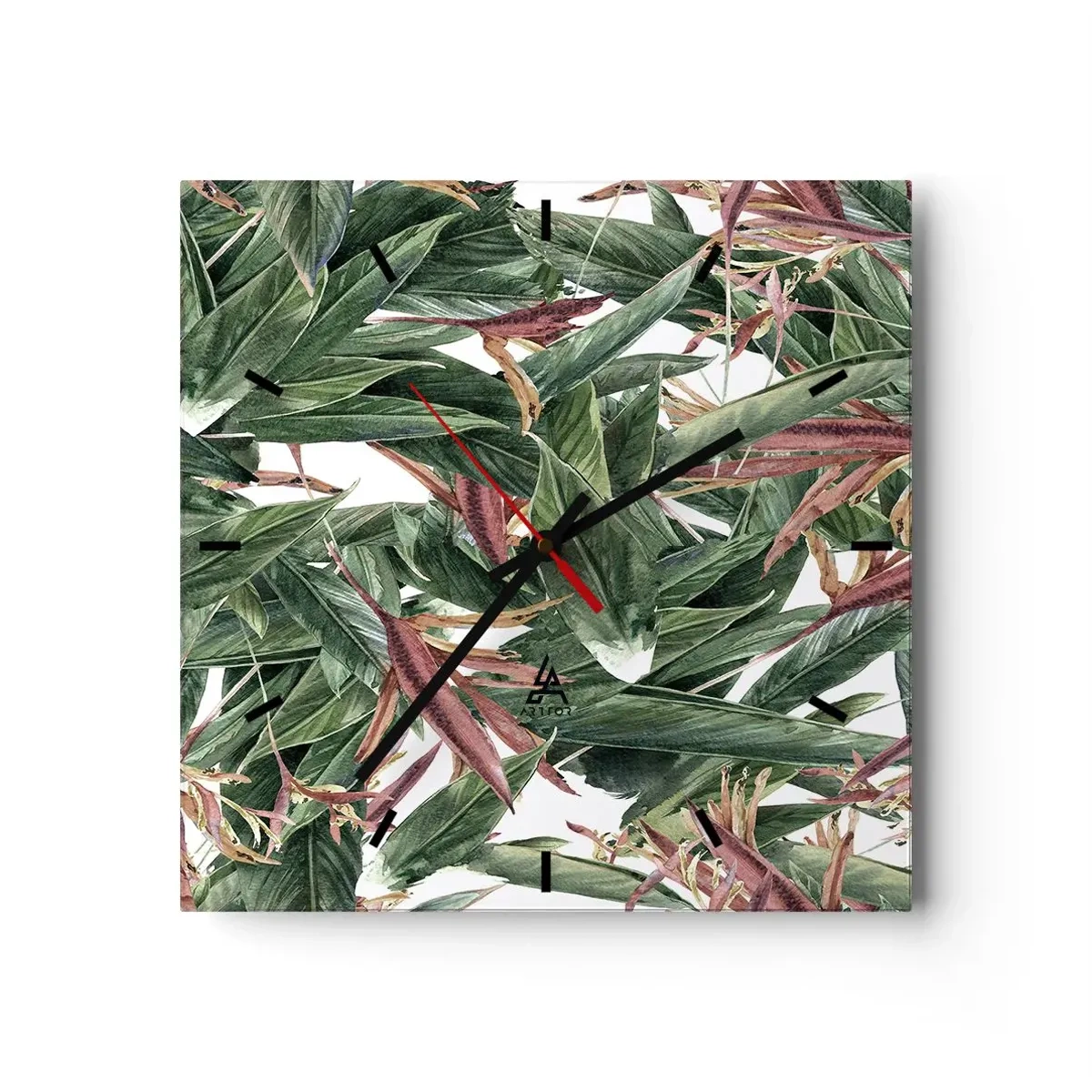 Wanduhr - Glasuhr - Ein dekoratives Blattmotiv in Grün- und Burgundertönen auf hellem Hintergrund - 30x30cm - Smaragd-lila Dickicht - Moderne Wanddekoration für Wohnzimmer und Schlafzimmer ARTTOR