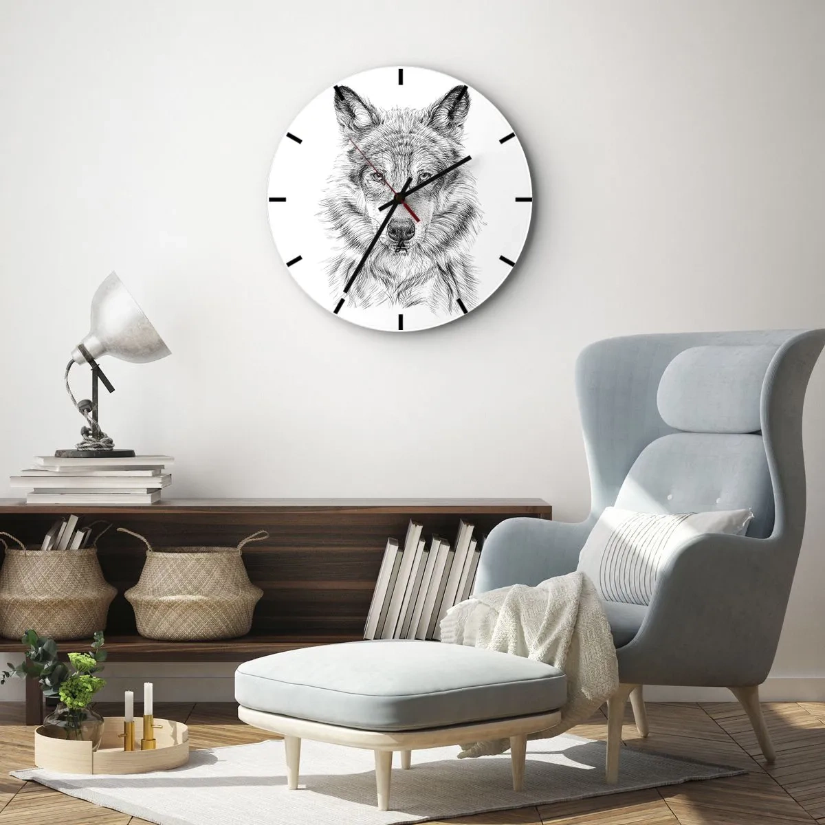 Wanduhr - Glasuhr - Schwarz-weiße Skizze eines Wolfskopfes auf weißem Hintergrund - 30x30cm - Ein geborener Anführer - Moderne Wanddekoration für Wohnzimmer, Küche und Schlafzimmer ARTTOR
