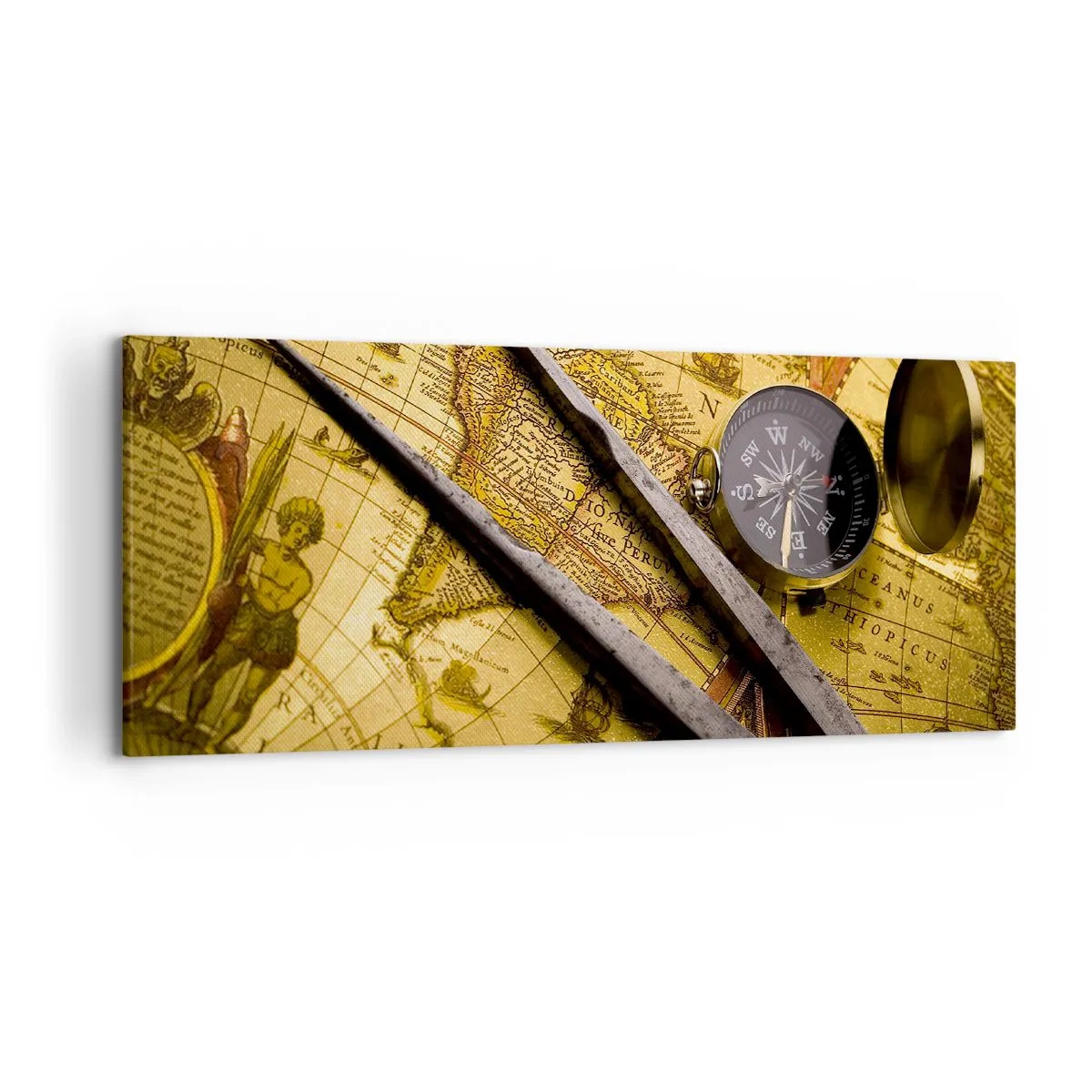 Bild auf Leinwand - Leinwandbild - Eine antike Weltkarte mit einem Kompass und einem Zirkel im Hintergrund - 120x50cm - Wo sind diese Schätze? - Moderne Wanddekoration für Wohnzimmer und Schlafzimmer ARTTOR