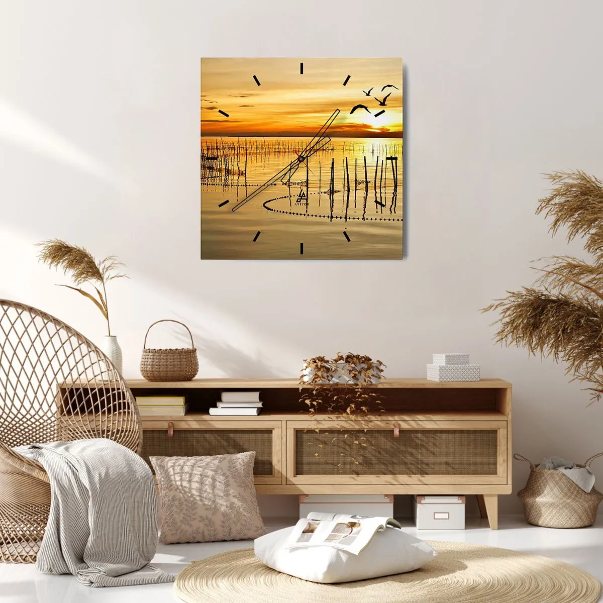Wanduhr - Glasuhr - Sonnenuntergang über dem Wasser mit Vögeln im Flug - 30x30cm - In der Fischerei - Moderne Wanddekoration für Wohnzimmer und Schlafzimmer ARTTOR