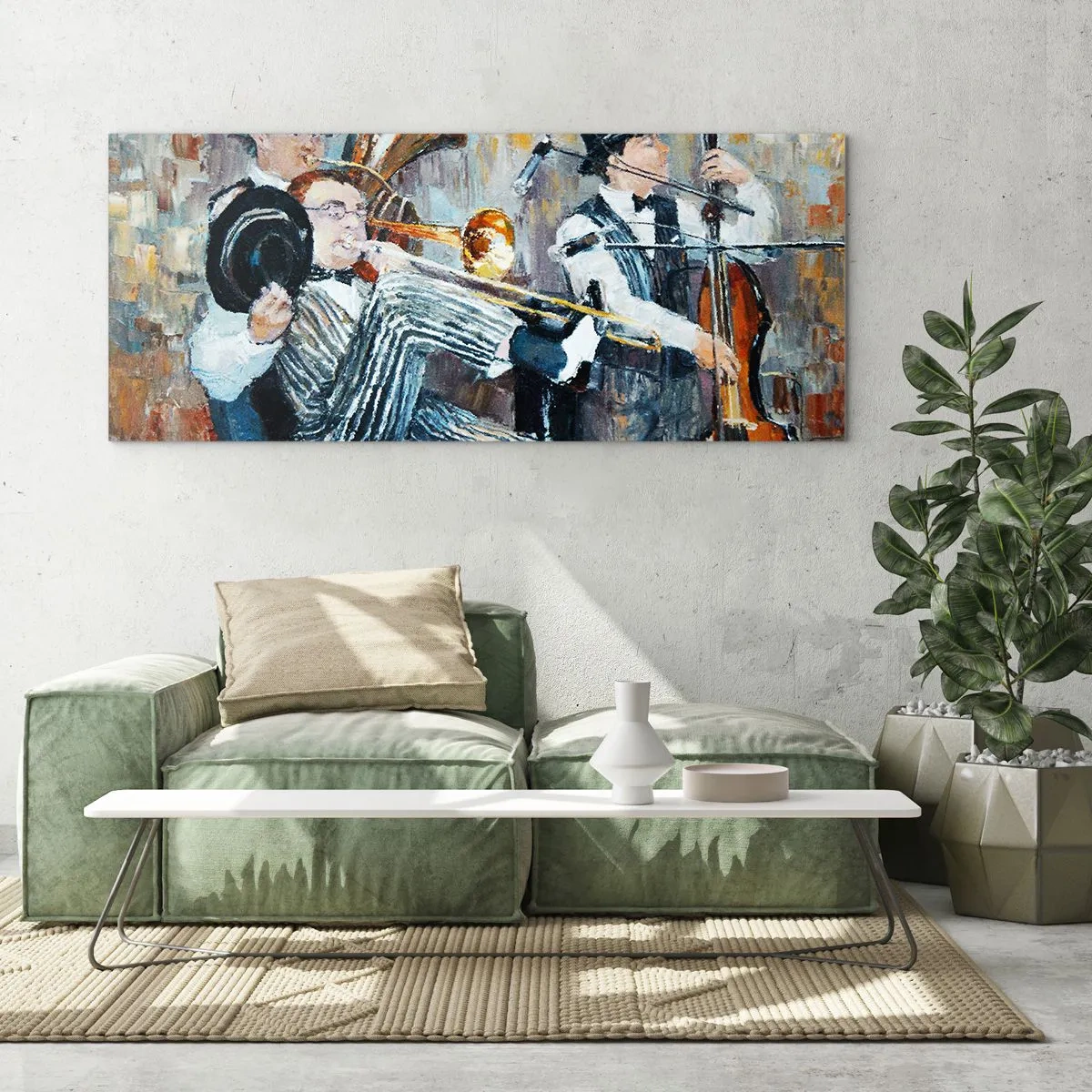 Glasbild - Bild auf glas - Jazzmusiker im malerischen Stil während eines Konzerts - 120x50cm - Der ganze Jazz - Moderne Wanddekoration für Wohnzimmer und Schlafzimmer ARTTOR