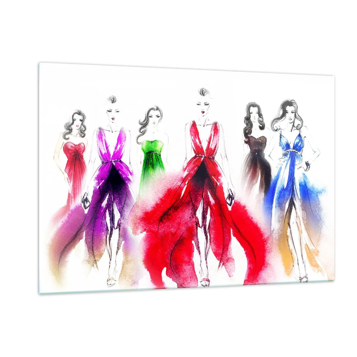 Glasbild - Bild auf glas - Skizze von Frauen in bunten Abendkleidern - 120x80cm - Stimmungen für Kostüme - Moderne Wanddekoration für Wohnzimmer und Schlafzimmer ARTTOR