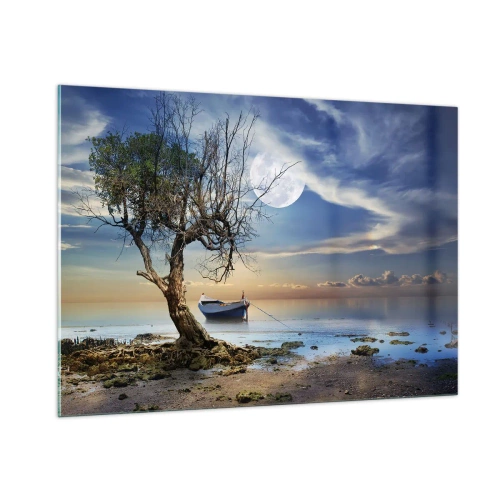 Glasbild - Bild auf glas - Ein einsames Boot neben einem Baum vor dem Hintergrund des Mondes - 100x70cm - Ist das das Ende oder der Anfang? - Moderne Wanddekoration für Wohnzimmer und Schlafzimmer ARTTOR