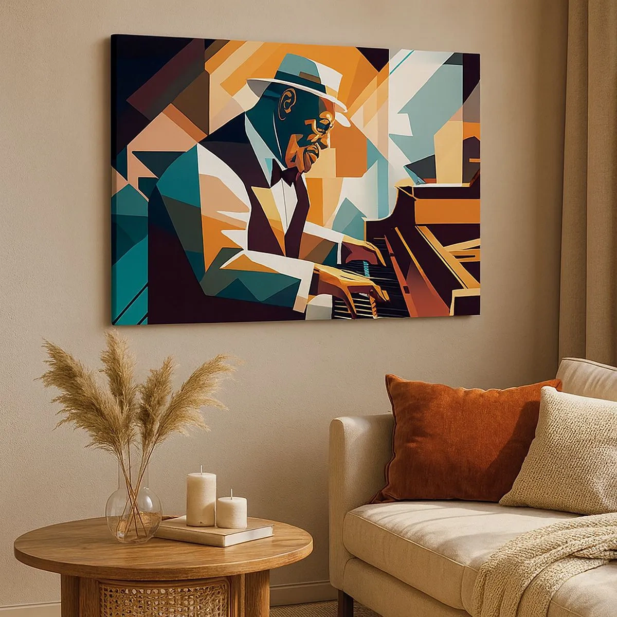 Bild auf Leinwand - Leinwandbild - Abstrakter Musiker, der in warmen Farben Klavier spielt. - 70x50cm - Alles vom Jazz - Moderne Wanddekoration für Wohnzimmer und Schlafzimmer ARTTOR