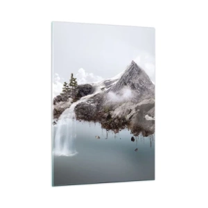 Glasbild - Bild auf glas - Eine schwimmende Berginsel mit einem Wasserfall im surrealen Stil. - 50x70cm - Mit dem Auge eines Surrealisten - Moderne Wanddekoration für Wohnzimmer und Schlafzimmer ARTTOR