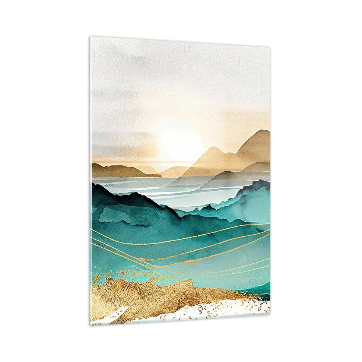 Glasbild - Bild auf glas - Eine gold- und türkisfarbene Berglandschaft im Aquarellstil. - 50x70cm - Am Rande der Abstraktion – Landschaft - Moderne Wanddekoration für Wohnzimmer und Schlafzimmer ARTTOR