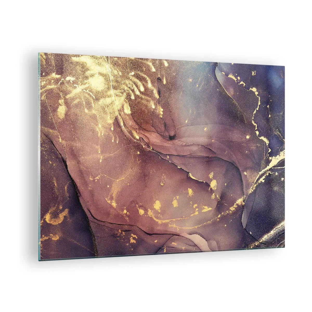 Glasbild - Bild auf glas - Eine abstrakte Komposition mit violetten und goldenen Punkten und Strukturen. - 70x50cm - Materie und Geist - Moderne Wanddekoration für Wohnzimmer und Schlafzimmer ARTTOR
