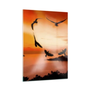 Glasbild - Bild auf glas - Vögel bilden ein Herz vor dem Hintergrund eines Sonnenuntergangs - 50x70cm - Liebe die Welt wie Vögel - Moderne Wanddekoration für Wohnzimmer und Schlafzimmer ARTTOR