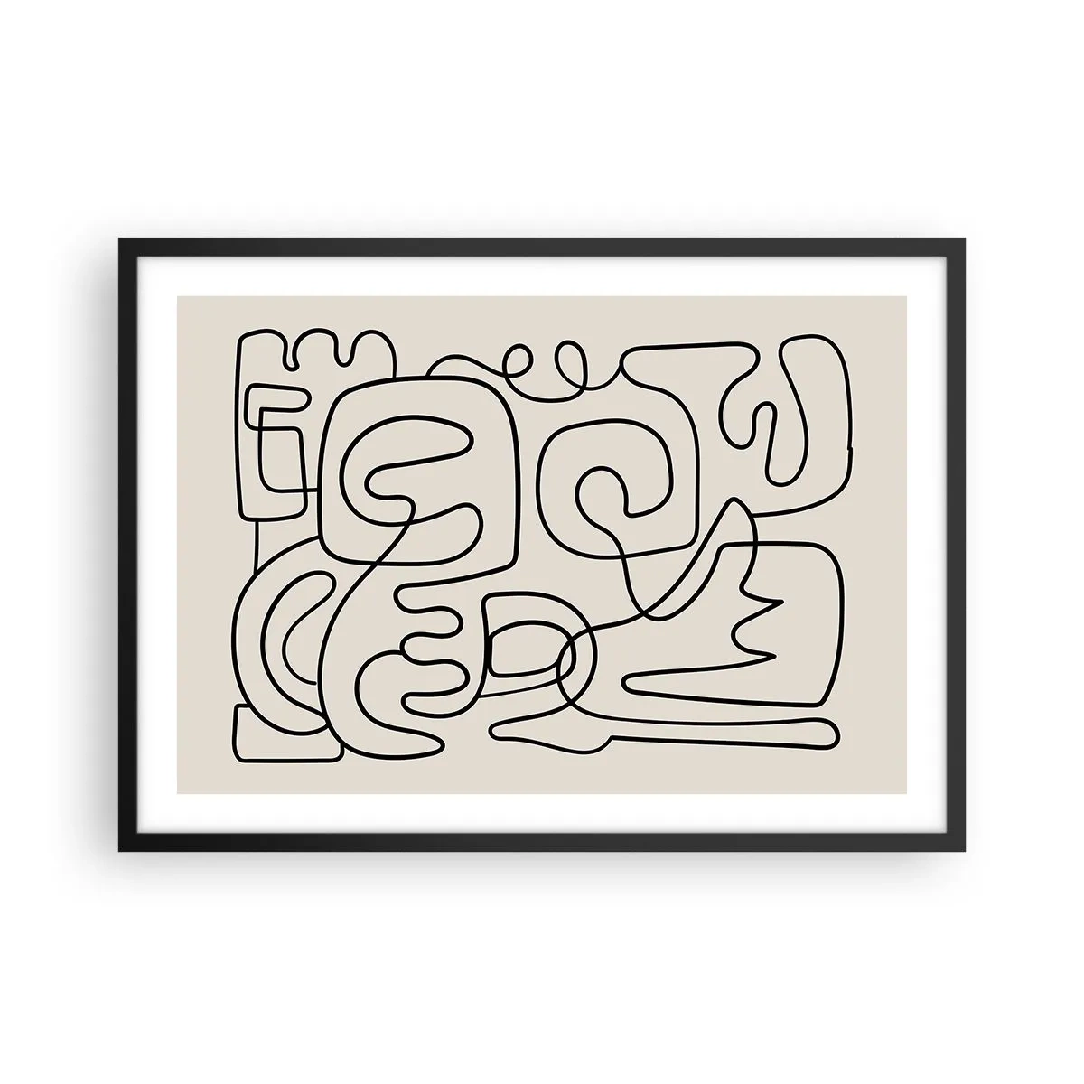 Poster in einem schwarzem Rahmen - Abstraktes Linienkunstmuster in Schwarz auf hellem Hintergrund - 70x50cm - Folge der Spur - Moderne Wanddekoration für Wohnzimmer und Schlafzimmer ARTTOR