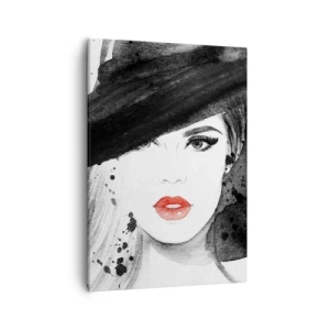 Bild auf Leinwand - Leinwandbild - Porträt einer Frau mit Hut und roten Lippen - 50x70cm - Frau in schwarz - Moderne Wanddekoration für Wohnzimmer und Schlafzimmer ARTTOR