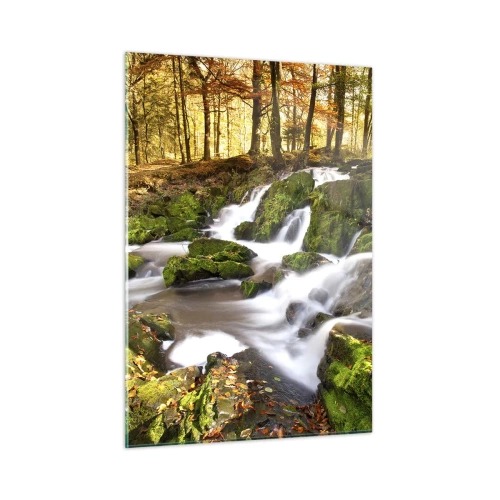 Glasbild - Bild auf glas - Ein Waldbach mit Wasserfällen in einer herbstlichen Landschaft - 50x70cm - Rasch durch den herbstlichen Wald - Moderne Wanddekoration für Wohnzimmer und Schlafzimmer ARTTOR