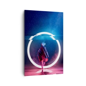 Bild auf Leinwand - Leinwandbild - Eine Figur in einer futuristischen Umgebung mit einem Neonkreis - 80x120cm - Zwischen den Welten - Moderne Wanddekoration für Wohnzimmer und Schlafzimmer ARTTOR