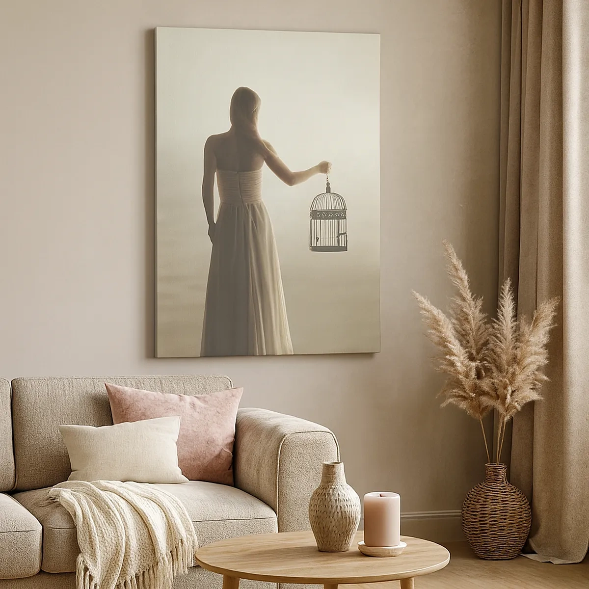 Bild auf Leinwand - Leinwandbild - Eine Frau mit einem Käfig vor einem ruhigen Himmel - 50x70cm - Sei frei - Moderne Wanddekoration für Wohnzimmer und Schlafzimmer ARTTOR