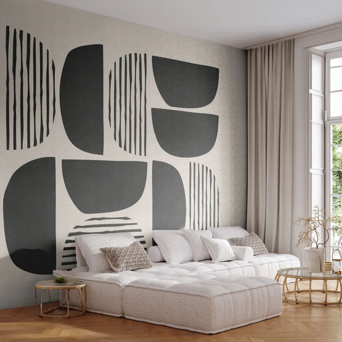 Fototapete Premium Sand - Schwarze Halbkreise und Linien in geometrischer Anordnung - 100x70cm - Halbherzige Deals - Moderne Wanddekoration für Wohnzimmer und Schlafzimmer ARTTOR