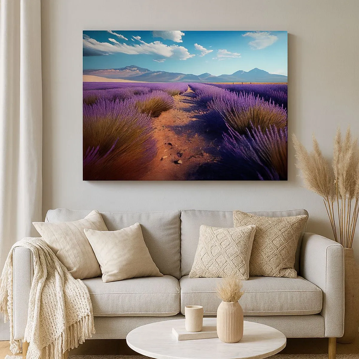 Bild auf Leinwand - Leinwandbild - Ein Lavendelfeld mit Blick auf die Berge und den blauen Himmel - 70x50cm - Duftende Felder - Moderne Wanddekoration für Wohnzimmer und Schlafzimmer ARTTOR