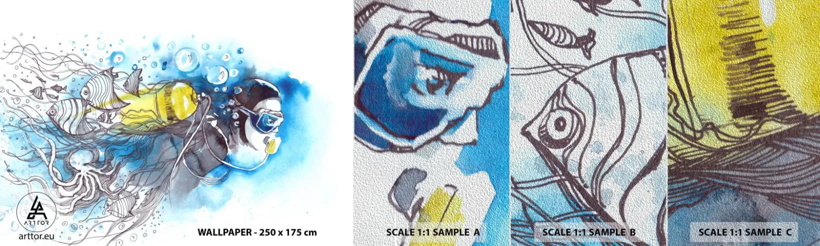 Fototapeten Muster Premium Sand - Tolles Blau - Tauchen, Fisch, Sport - 100x30 cm