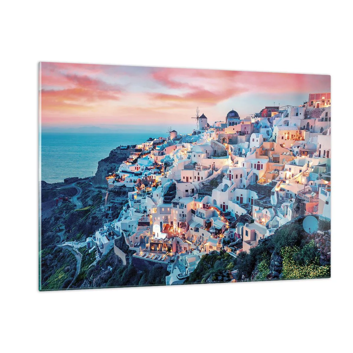 Glasbild - Bild auf glas - Griechische Klippenstadt in der Abenddämmerung mit Blick auf das Meer - 120x80cm - Dein toller griechischer Urlaub - Moderne Wanddekoration für Wohnzimmer und Schlafzimmer ARTTOR