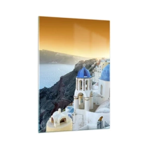 Glasbild - Bild auf glas - Blick auf Santorini mit weißen Gebäuden und blauem Meer - 70x100cm - Santorini - an die Felsen gekuschelt - Moderne Wanddekoration für Wohnzimmer und Schlafzimmer ARTTOR
