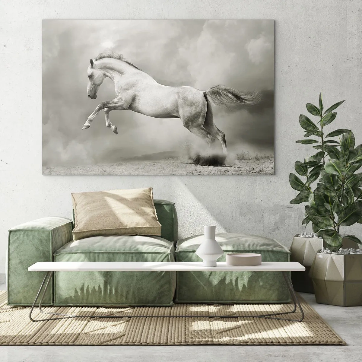 Glasbild - Bild auf glas - Ein weißes Pferd springt gegen die Wolken - 70x50cm - Zwischen Aufwachen und Schlafen - Moderne Wanddekoration für Wohnzimmer und Schlafzimmer ARTTOR