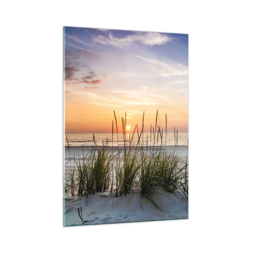 Glasbild - Bild auf glas - Sonnenuntergang über einem grasbewachsenen Strand - 50x70cm - Schau, denk, fühl - Moderne Wanddekoration für Wohnzimmer und Schlafzimmer ARTTOR