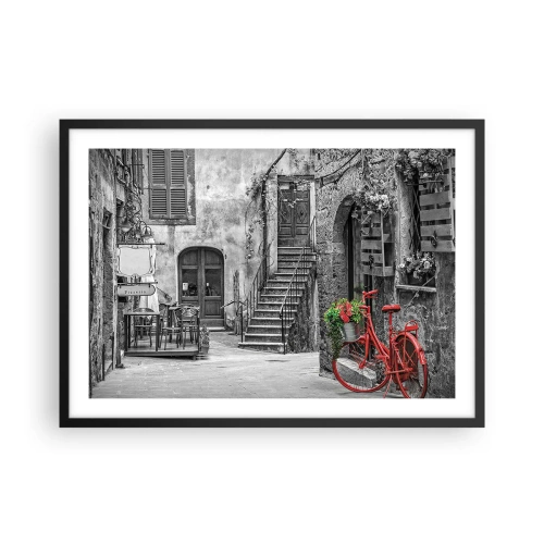 Poster in einem schwarzem Rahmen - Ein rotes Fahrrad in einer schwarz-weißen Straße - 70x50cm - Toskanische Gasse - Moderne Wanddekoration für Wohnzimmer und Schlafzimmer ARTTOR
