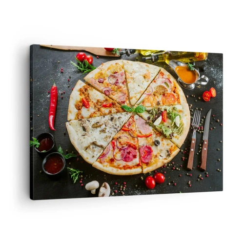 Bild auf Leinwand - Leinwandbild - Pizza in verschiedenen Geschmacksrichtungen mit verschiedenen Belägen - 70x50cm - Eine Reihe von Geschmacksrichtungen - Moderne Wanddekoration für Wohnzimmer und Schlafzimmer ARTTOR
