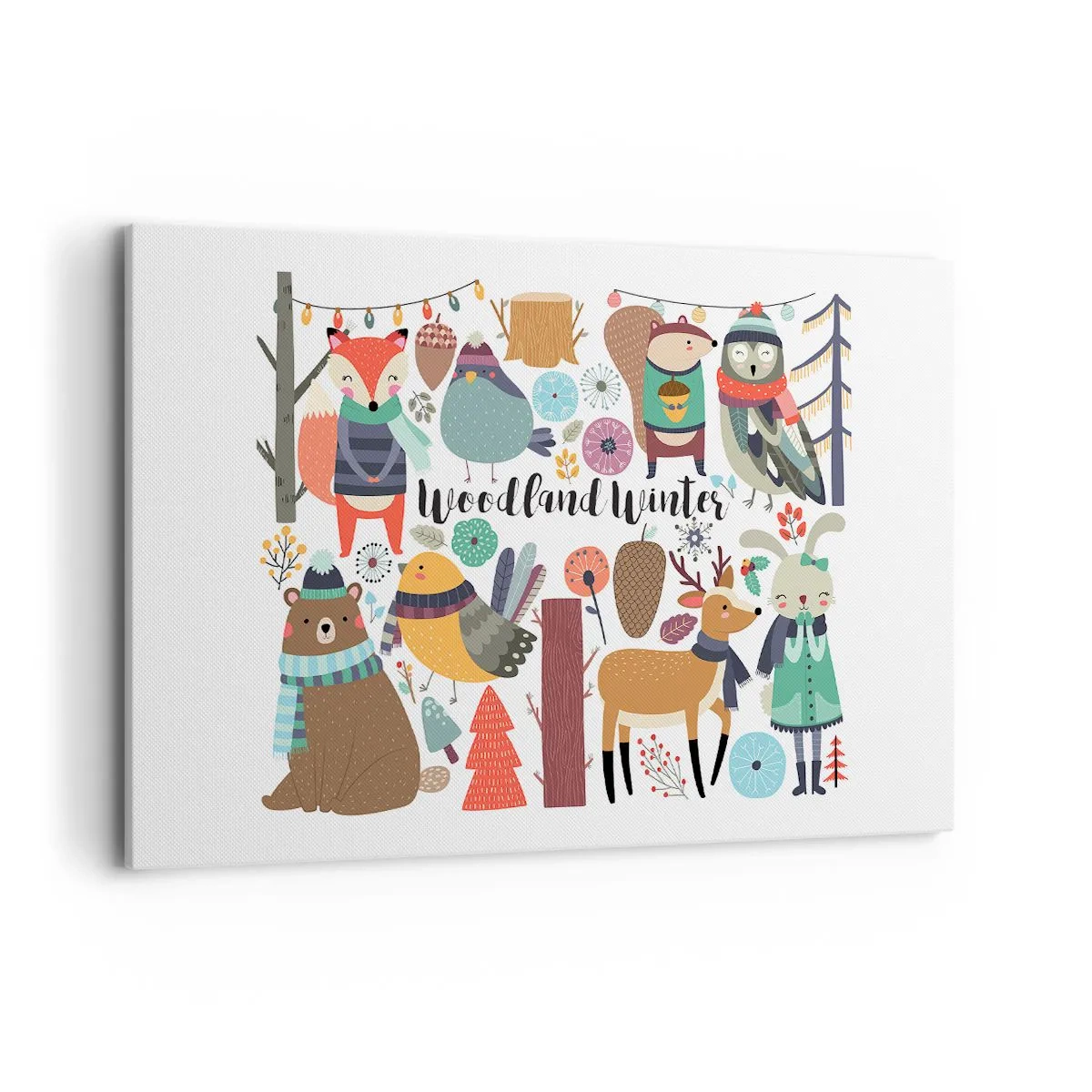 Bild auf Leinwand - Leinwandbild - Winterwaldtiere in farbenfrohen Grafiken - 120x80cm - Märchenhafter Urlaub im Wald - Moderne Wanddekoration für Wohnzimmer und Schlafzimmer ARTTOR