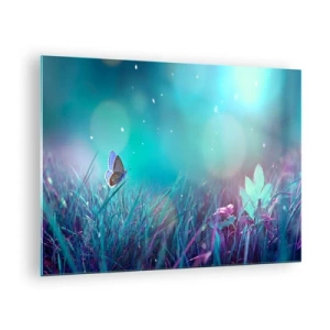 Glasbild - Bild auf glas - Schmetterling auf dem Gras in Pastelllicht - 70x50cm - Das geheime Leben der Wiese - Moderne Wanddekoration für Wohnzimmer und Schlafzimmer ARTTOR