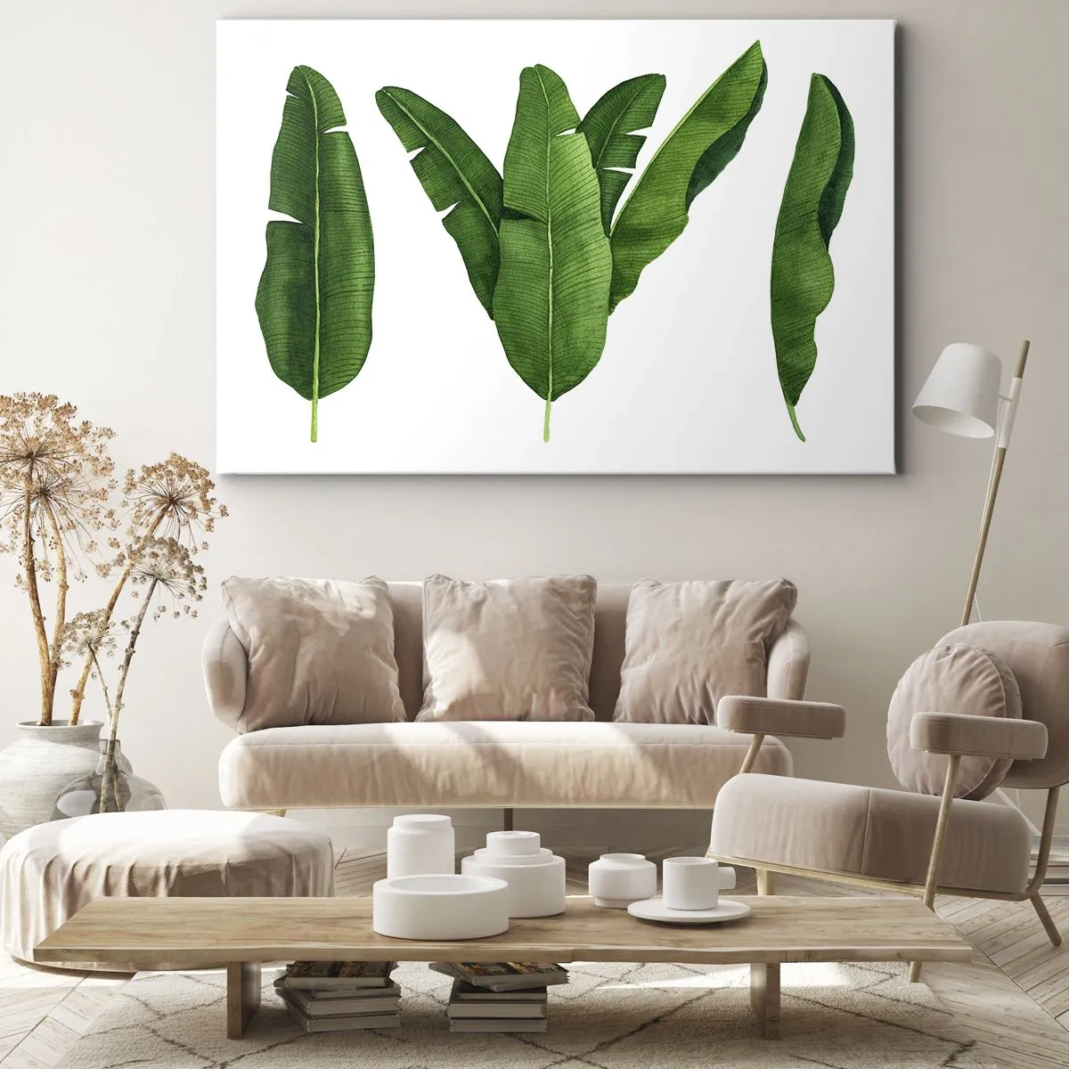 Bild auf Leinwand - Leinwandbild - Drei Bananenblätter in künstlerischer Umsetzung - 70x50cm - Grüne Symmetrie - Moderne Wanddekoration für Wohnzimmer und Schlafzimmer ARTTOR