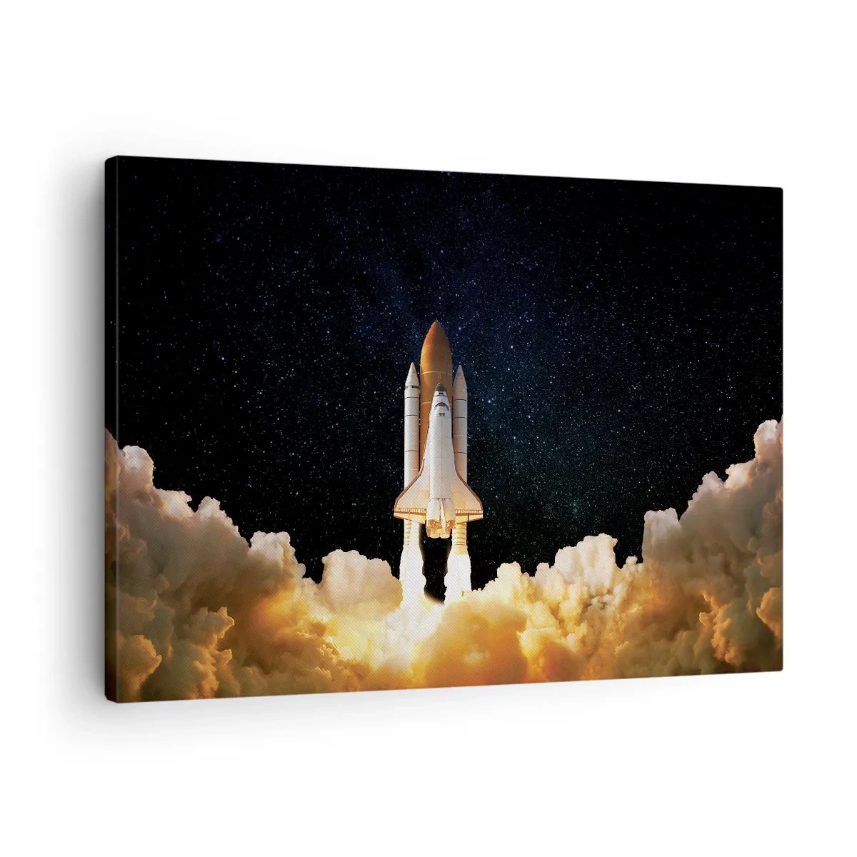 Bild auf Leinwand - Leinwandbild - Eine Weltraumrakete hebt vor dem Sternenhimmel ab - 70x50cm - Ad Astra! - Moderne Wanddekoration für Wohnzimmer und Schlafzimmer ARTTOR