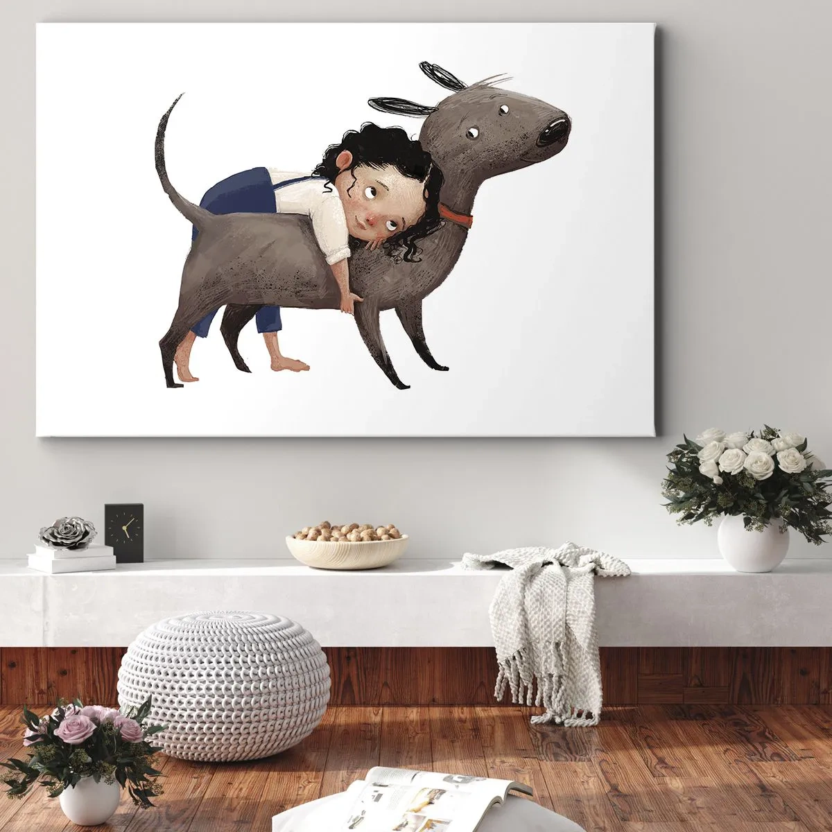 Bild auf Leinwand - Leinwandbild - Cartoonartige Illustration eines Kindes, das einen Hund umarmt - 100x70cm - Beste Freunde - Moderne Wanddekoration für Wohnzimmer und Schlafzimmer ARTTOR
