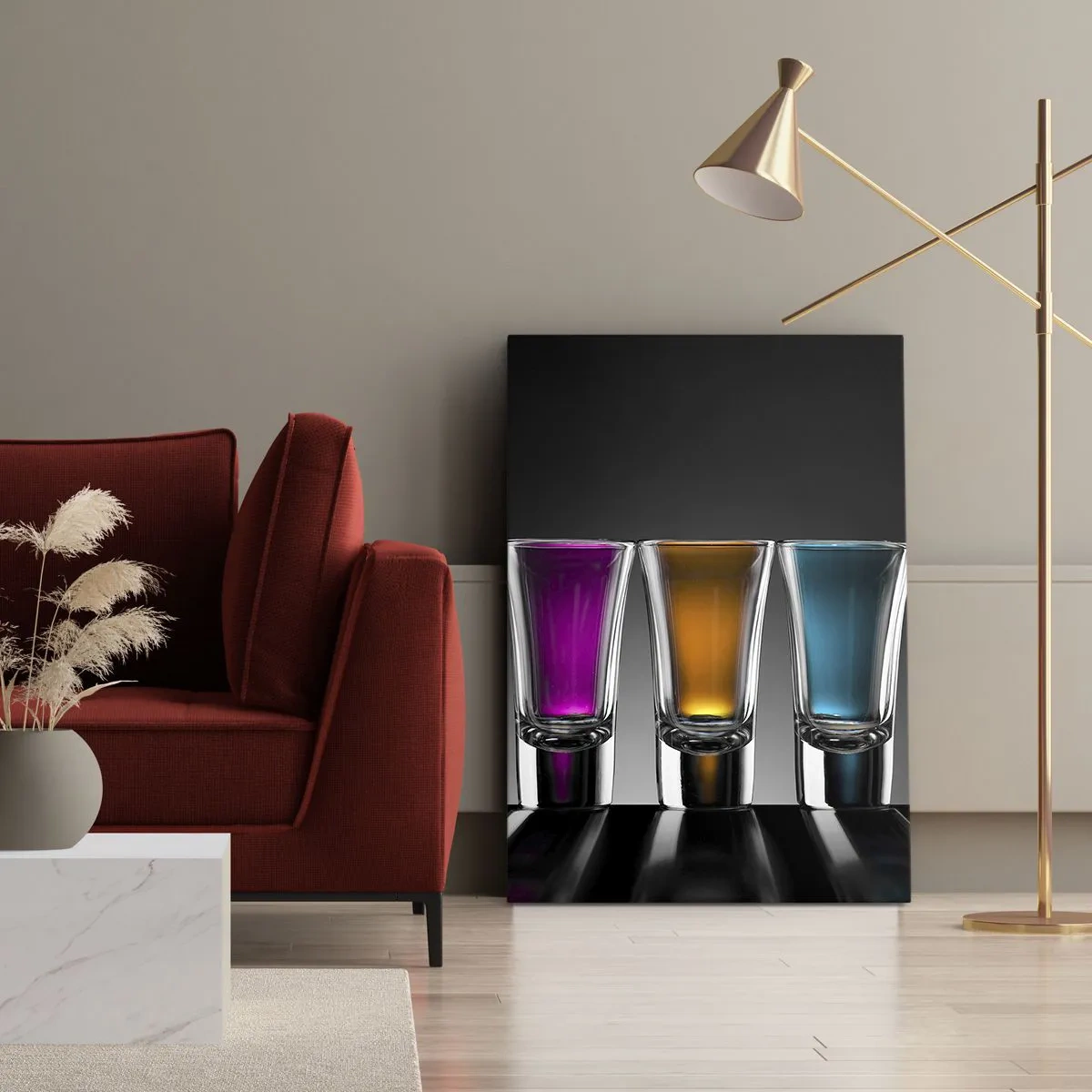 Bild auf Leinwand - Leinwandbild - Bunte Gläser auf schwarzem Hintergrund - 70x100cm - Die Farben der Freude - Moderne Wanddekoration für Wohnzimmer und Schlafzimmer ARTTOR