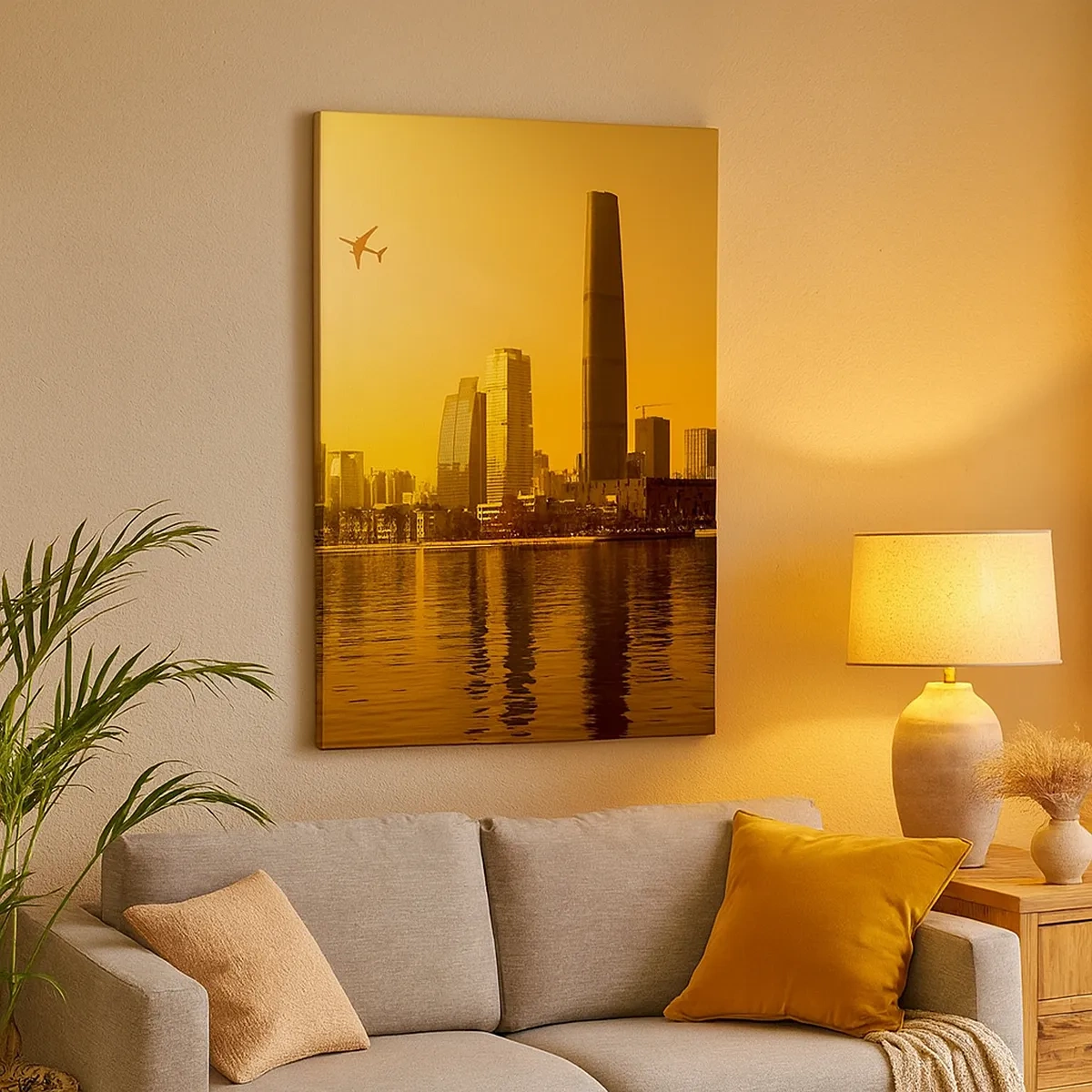 Bild auf Leinwand - Leinwandbild - Stadtpanorama bei Sonnenuntergang mit Wolkenkratzern und einem Flugzeug - 50x70cm - Die goldene Stadt - Moderne Wanddekoration für Wohnzimmer und Schlafzimmer ARTTOR