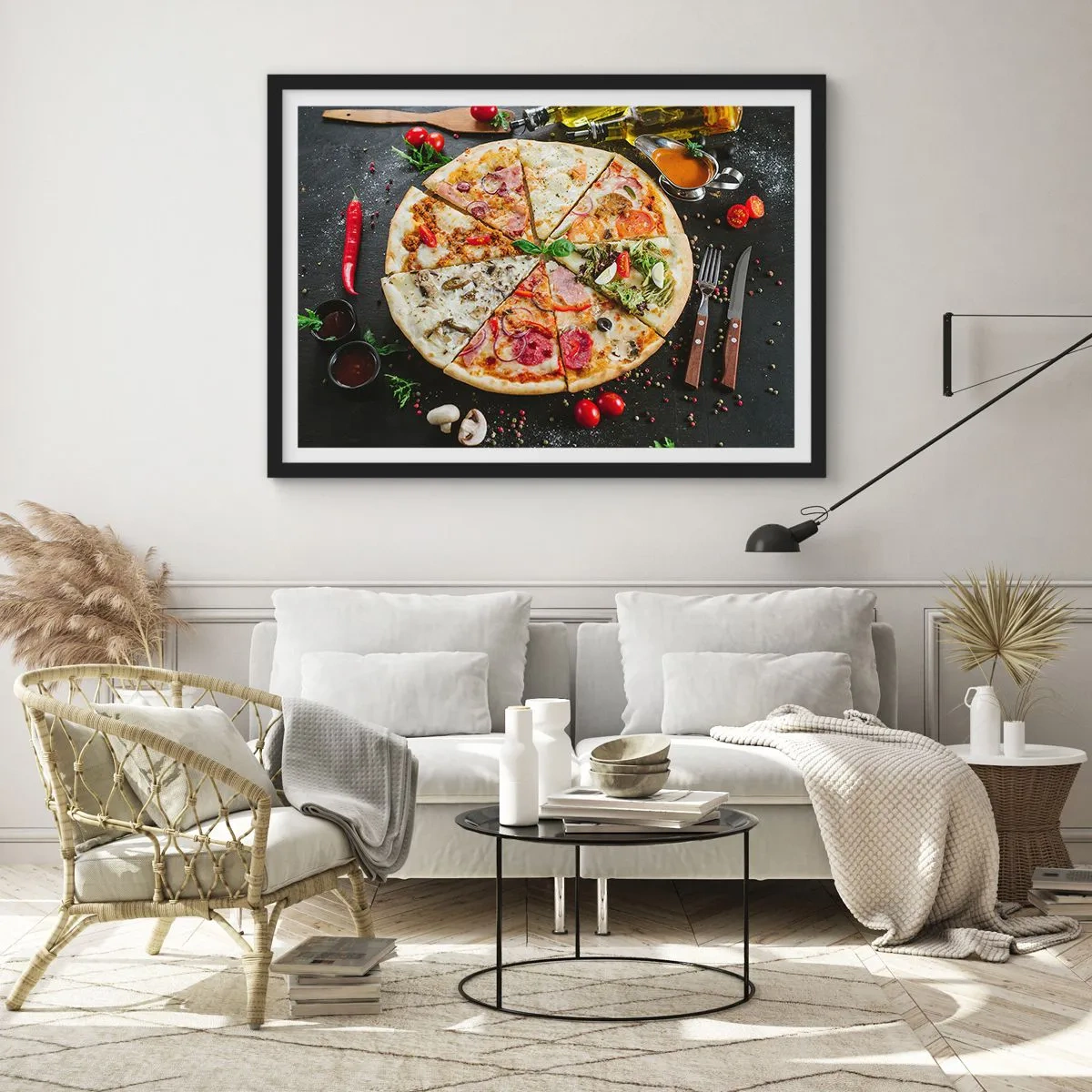 Poster in einem schwarzem Rahmen - Pizza in verschiedenen Geschmacksrichtungen mit verschiedenen Belägen - 70x50cm - Eine Reihe von Geschmacksrichtungen - Moderne Wanddekoration für Wohnzimmer und Schlafzimmer ARTTOR
