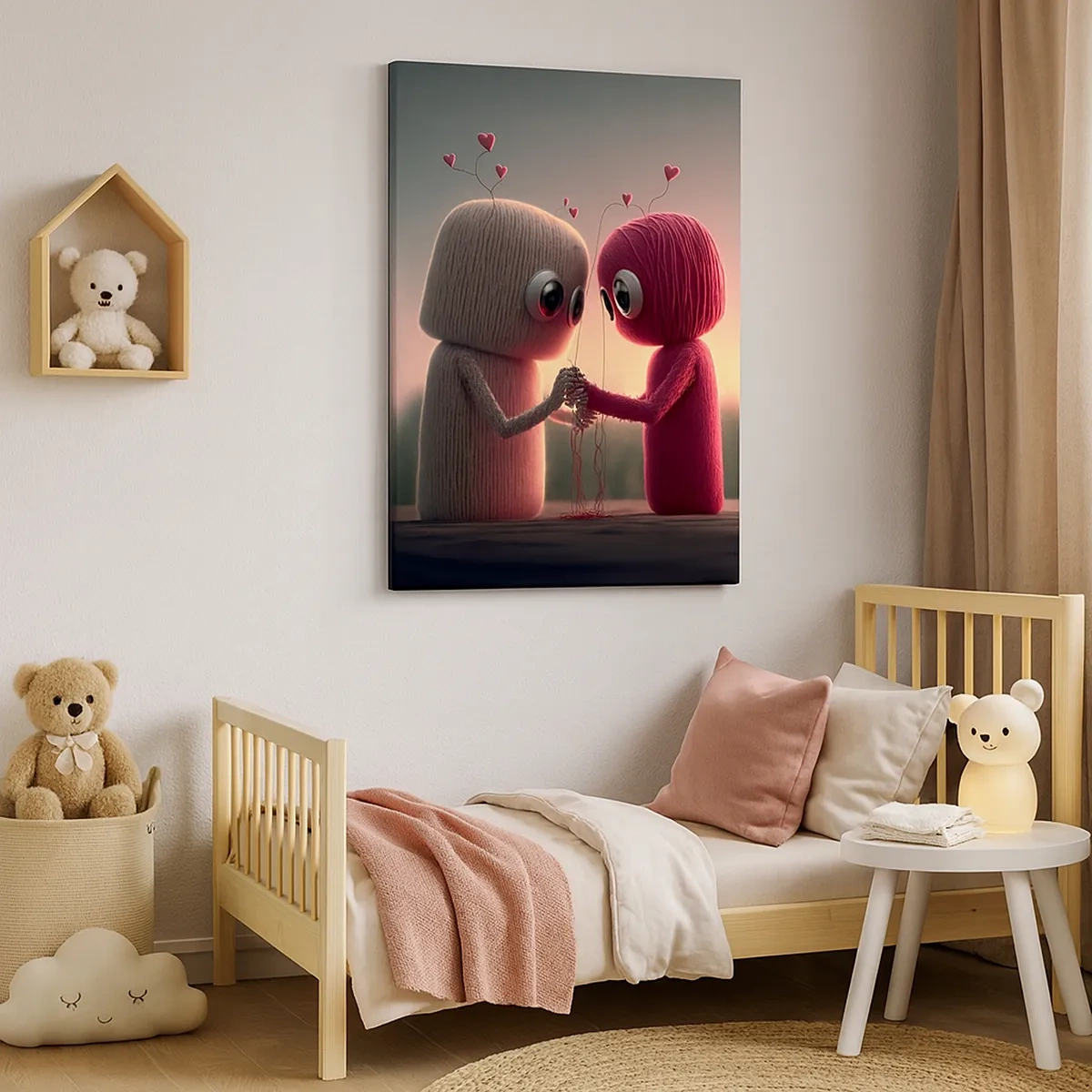 Bild auf Leinwand - Leinwandbild - Garnfiguren in einer bezaubernden Umgebung mit Herzmotiven - 50x70cm - Jeder darf lieben - Moderne Wanddekoration für Wohnzimmer und Schlafzimmer ARTTOR