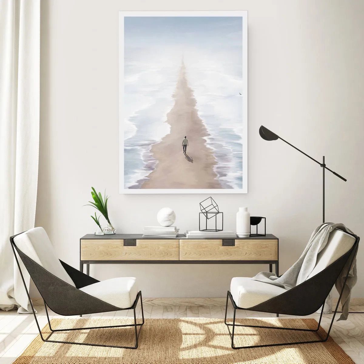 Poster - Eine Gestalt geht allein einen Pfad zwischen ruhigen Gewässern entlang. - 50x70cm - Glänzende Zukunft - Moderne Wanddekoration für Wohnzimmer und Schlafzimmer ARTTOR