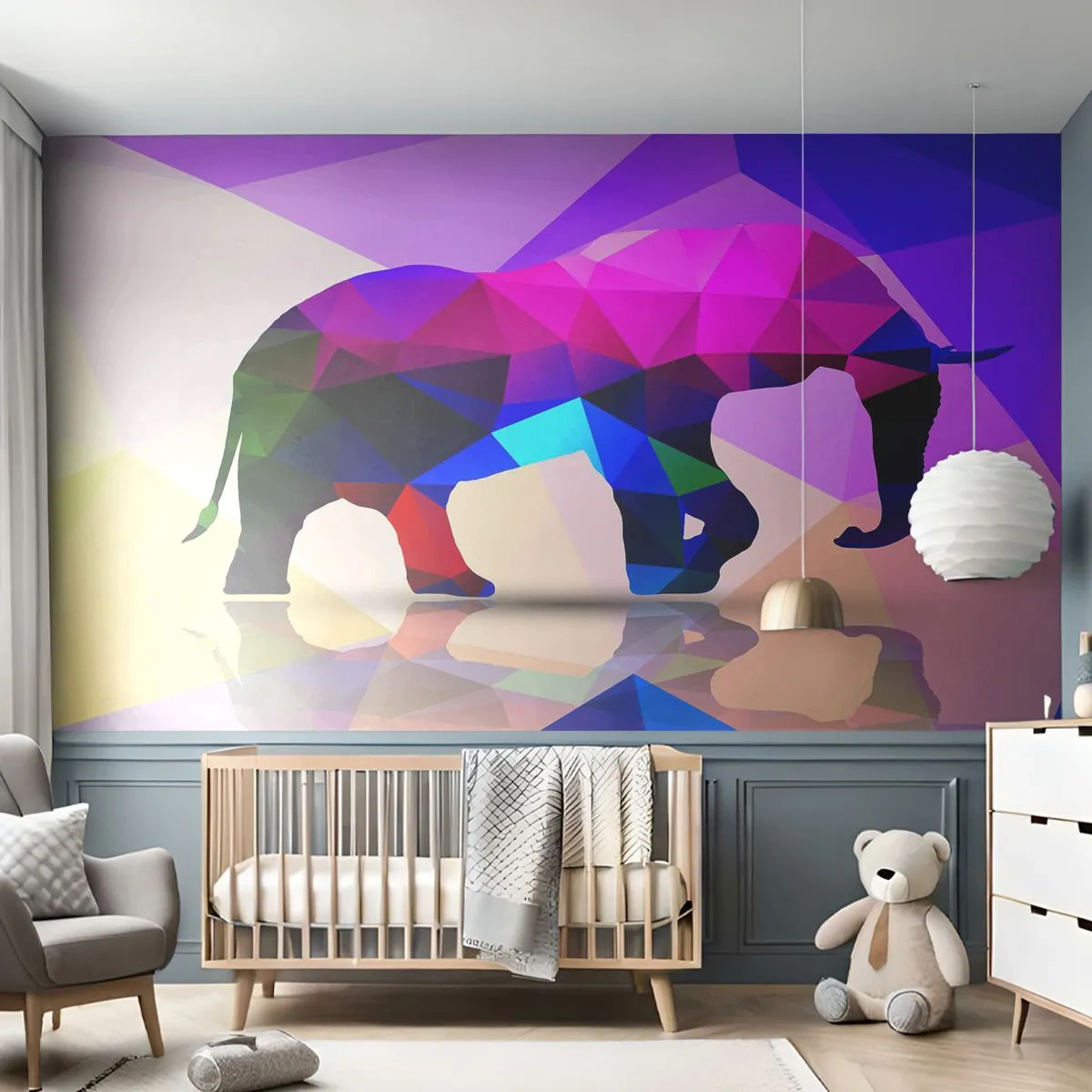 Fototapete Premium Sand - Bunter geometrischer Elefant auf abstraktem Hintergrund - 100x70cm - Kristalldinosaurier - Moderne Wanddekoration für Wohnzimmer und Schlafzimmer ARTTOR