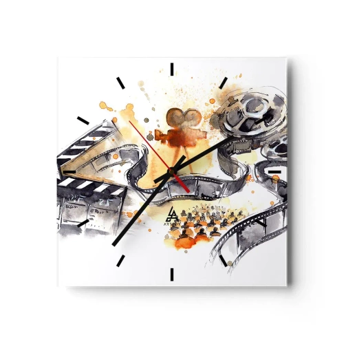 Wanduhr - Glasuhr - Die Symbolik des Kinos mit einem Filmstreifen in einem künstlerischen Aquarell - 30x30cm - Im Land der Träume - Moderne Wanddekoration für Wohnzimmer und Schlafzimmer ARTTOR