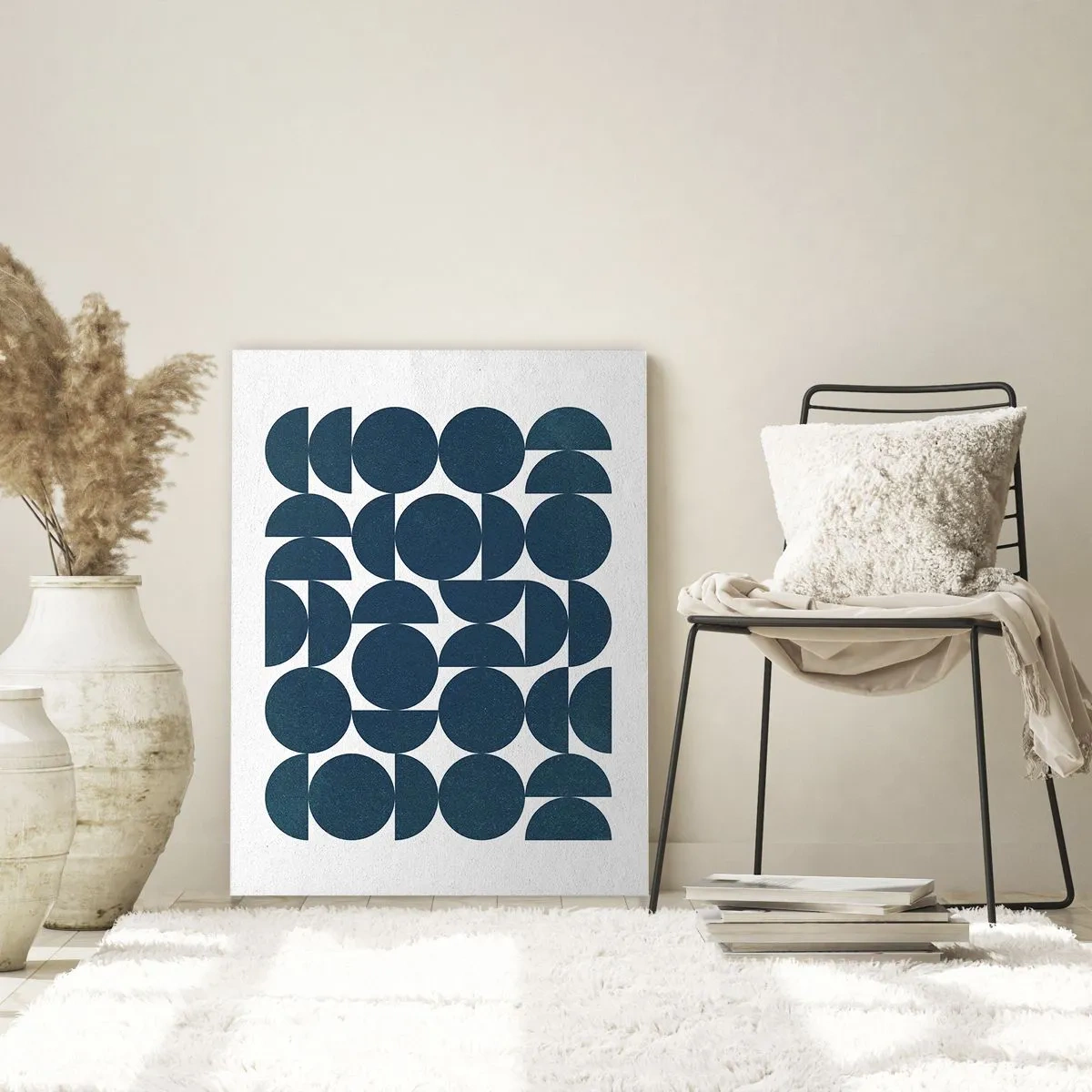 Glasbild - Bild auf glas - Eine moderne Komposition aus marineblauen Kreisen und Halbkreisen - 50x70cm - Kreise und Halbkreise - Moderne Wanddekoration für Wohnzimmer und Schlafzimmer ARTTOR